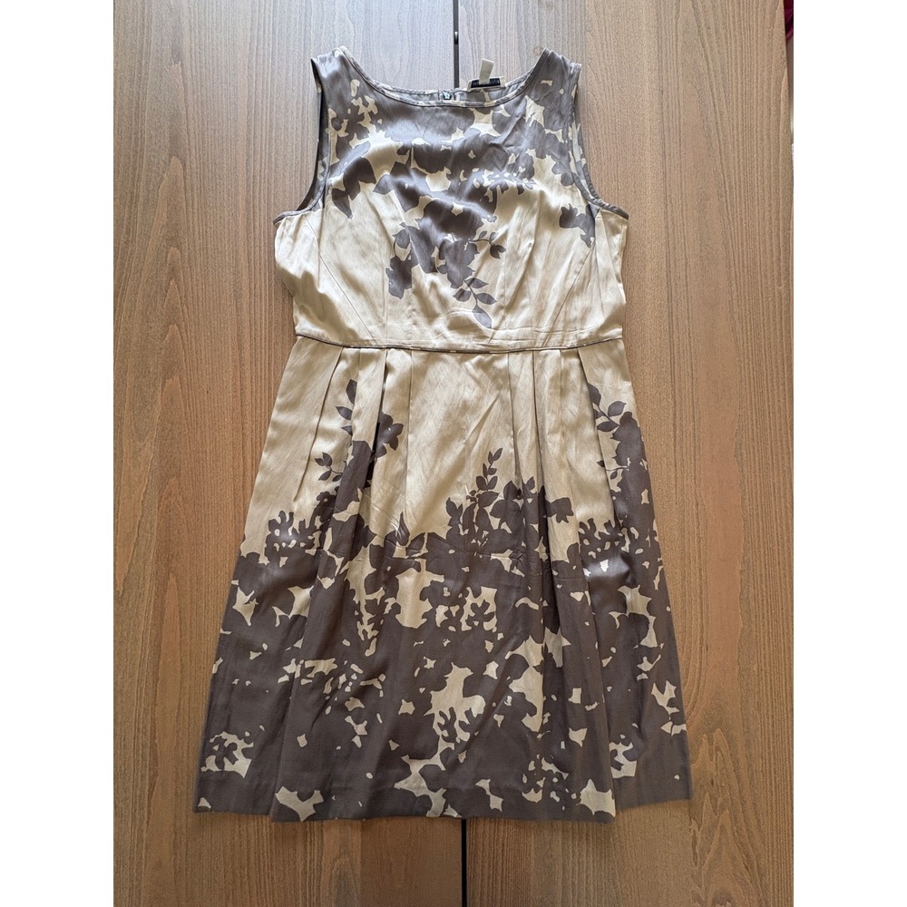Banana Republic Silk Cotton Floral Sleeveless Fit Flare Dress Tan Brown 14 SPR09